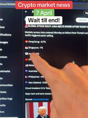 A screen displaying news on stock market fluctuations, with a hand pointing at elements on the screen. In the upper left corner, a red banner reads 'Crypto market news'. Above the main content, a green banner reads '7 April'. Below, a white banner displays 'Wait till end!'. The hand is pointing towards a list showing financial data and country flags.