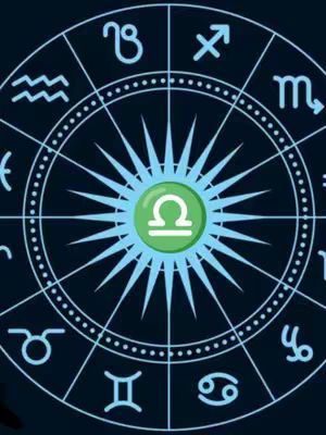 A circular astrological chart illustration featuring various zodiac symbols around a central green emblem of the Libra symbol, set against a dark blue gradient background.