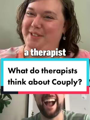 The cover image is a split screen showing two individuals. The upper half features a woman looking towards the left, smiling, with a text overlay that reads 'a therapist'. The lower half shows a man laughing, also with a text overlay in a rectangle across their faces that says 'What do therapists think about Couply?'. The overall composition is engaging, indicating a discussion relating to a service.