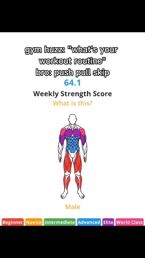 The cover image features a graphic depicting a human figure with the muscular system highlighted in various colors. Text overlays include a gym-related question, a brief workout routine, a score, and labels indicating strength levels. The image is set against a white background.