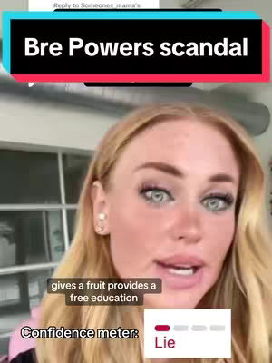 The cover image features a woman with blonde hair, looking at the camera. Text overlays include "Bre Powers scandal" in a bold black box with a red underline, and another showing the confidence meter indicating "Lie".