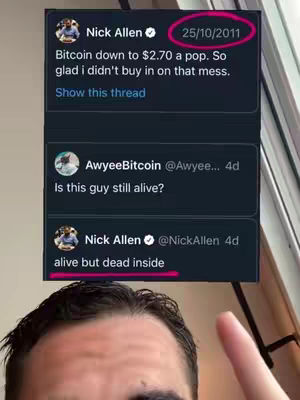 The image shows a close-up of a man's face with the top of his head and forehead visible. Below his face, a screenshot of a Twitter thread is displayed. The Twitter thread shows old posts about Bitcoin from 2011. The man is pointing at the text with his finger, and text at the top of the image makes a commentary about the contents below.