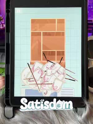 The image shows an iPad displaying an illustration of dishes, chopsticks, and a cabinet. The iPad is supported by a stand that reads "Satisdom". The overall composition is symmetrical, with soft lighting.