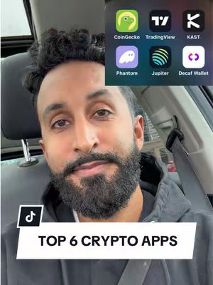 A selfie-style shot with a man in the driver's seat of a car. He is looking at the camera. There is a graphic showing six app icons in the upper right corner. A white banner with black text that says 'TOP 6 CRYPTO APPS' is across the bottom of the image. A TikTok logo appears in the bottom left corner.