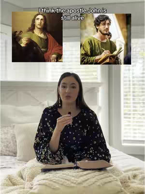 The cover image presents a woman in a bedroom setting; she sits on a bed with pillows and a patterned comforter. Above her are two panels with illustrations of Jesus and another male figure, while she holds a microphone, suggesting she's recording content related to the images.