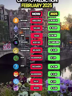 An image comparing cryptocurrency prices. It features a cityscape background with buildings lining a canal. The foreground displays a table with cryptocurrency logos (Bitcoin, Ethereum, XRP, Solana, Dogecoin, Pepe, ???, SHIB, SUI) and their current prices and projected prices for February 2025. The layout is a vertical list with red and green colored prices.
