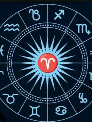 The cover image features a circular graphic divided into segments, reminiscent of a zodiac wheel, with various astrological symbols around its perimeter. A central, circular element contains the Aries symbol, a red circle with the white symbol of Aries.