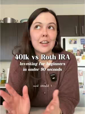 A woman in a maroon sweater is in a kitchen setting. The text overlay reads, '401k vs Roth IRA. Investing for beginners in under 90 seconds and should I...' The woman is looking up with a questioning expression, her arms are slightly raised, and her hands are open.