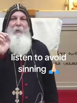 A man wearing a black hooded garment with a cross necklace, speaking with a hand gesture. The text, 'listen to avoid sinning' is overlaid on the image.