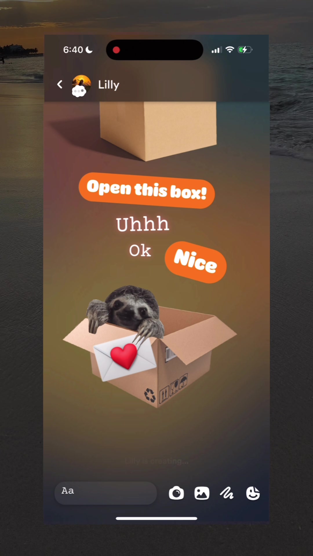 The cover image shows a phone screen with a beach background. There's a video in progress, with a sloth popping out of a box with a heart and a love letter in the box. The words "Open This Box!", "Uhhh", "Ok", and "Nice" are displayed in orange speech bubbles.