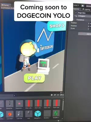 A screenshot of a game interface within the Unity development environment. The image features an astronaut character in a 3D game environment related to Dogecoin. On the top are overlaid text boxes informing the viewer the game is "Coming soon to DOGECOIN YOLO." Below the text a game like UI is shown, with a arrow chart and game controls. The background consists of a blue backdrop and graphics.