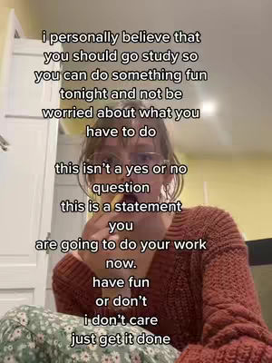 A selfie-style video shows a person with glasses holding a piece of food, their face partially visible. White text overlays the image, offering motivational advice.