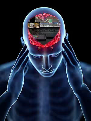 A blue, semi-transparent illustration depicting a human figure with an exposed skeletal structure. The figure’s head is open, revealing the inside of a brain with glowing red arteries. Within the head, there are screens displaying financial charts and data, suggesting a focus on the impact of information on the mind. The figure is in a pose of distress, hands on either side of the head, highlighting the theme of stress.