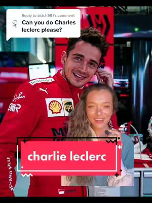 The image shows a selfie-style composition with two individuals, one being Charles Leclerc in a red Ferrari uniform. In the background, the interior of what appears to be a work environment is visible. The layout includes a rectangular text overlay at the bottom center, featuring the text “charlie leclerc”.