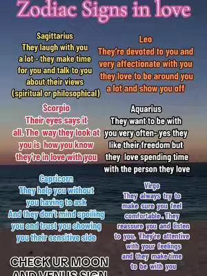The image is a graphic with the words "Zodiac Signs in love" at the top. Below, the zodiac signs are listed, each with a brief description of how they act in love. The background appears to be a gradient of colors with sunset hues, and white columns of text are against it.