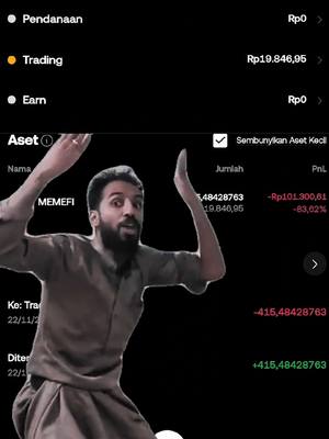 A screen recording of a mobile app with trading data is overlaid by a man with a beard and dark hair, dressed in a brown tunic. The man has his arms raised, a surprised expression on his face. Against a black background, financial details are shown.