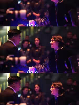 The image is a composite of three similar scenes arranged vertically, showing two men in suits conversing. They appear to be in a dimly lit, possibly upscale, social setting with bokeh lighting in the background. The men seem to be shaking hands in the images.