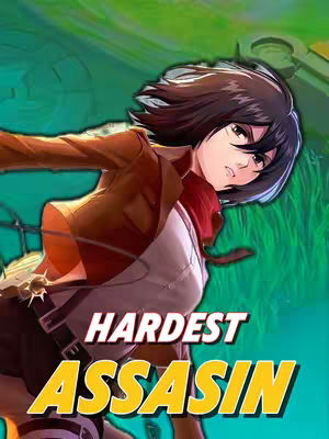 An anime-style illustration of a female character, possibly Mikasa from Attack on Titan, in a dynamic pose with a background of green and blue tones. The character is wearing a brown jacket, white shirt, and a red scarf, and has short, dark hair. The text overlay features "HARDEST ASSASSIN" in bold yellow text with a black outline.