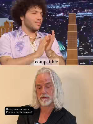 The image is a split screen showing two individuals. The top portion shows a man with curly brown hair smiling, with his hands clasped together in front of him. Below him, text that reads 'compatible' is overlaid on top of part of the screen. The bottom half has a man with long white hair and a beard, looking downwards with a serious expression.
