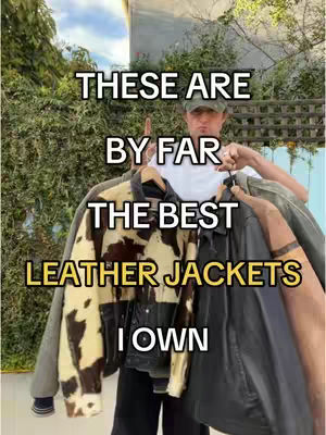 A man holds up several leather jackets in front of a green leafy background. Text overlays describe the image.