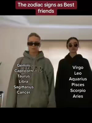Two people, one wearing a gray hoodie and the other wearing a black top, stand side-by-side. Above them, text indicates a list of zodiac signs and their associated best friends. The background is plain with dim lighting.