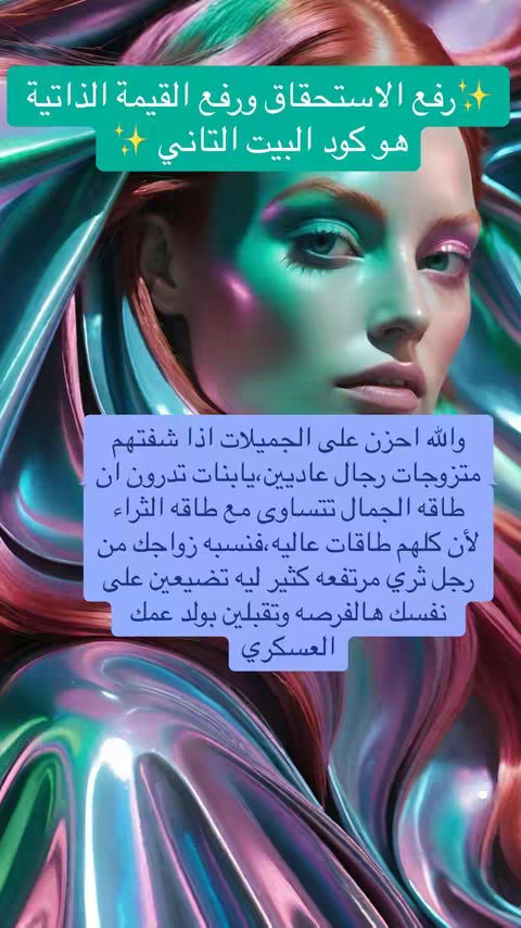 The image captures a close-up of a woman with long, flowing hair blending shades of teal, pink, and purple. She has fair skin, arched eyebrows, and striking blue eyes. Overlayed on the image is a teal banner that shows some lines of arabic text.
