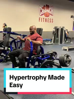 A man is seated on a weight machine in a gym, exercising. Below, a text overlay reads 'Hypertrophy Made Easy'. The background is a fitness center with workout equipment and other people.