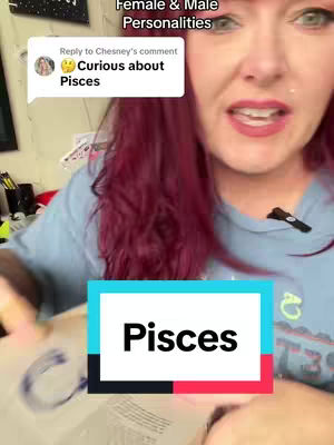 A woman with red hair is holding a book and speaking. A comment overlayed on the image says: 'Curious about Pisces'. Below the woman is a rectangle with the word 'Pisces' written in it.