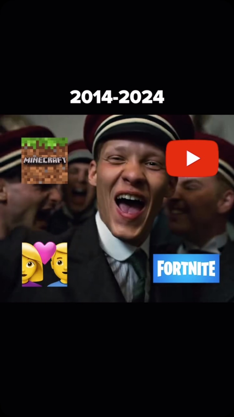 A collage featuring a man laughing in the center with various elements overlaid. Text '2014-2024' is at the top. To the left, is the Minecraft logo. A YouTube play button is in the upper right. Below are two emojis with a heart symbol on the left side, and to the right is the Fortnite logo.