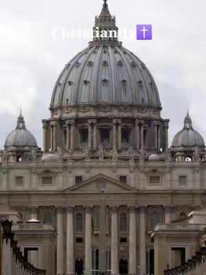 The image showcases a grand cathedral, the basilica of St. Peter, with its iconic dome as the central focus. The architecture is classical, featuring pillars, arches, and intricate details. The color palette is primarily muted, with shades of beige and gray dominating the scene, which gives the image a reverent feel. The sky is overcast, which casts a soft light on the building. Text is overlaid at the top, above the dome and a purple cross icon, which seems to be the hook for the video.