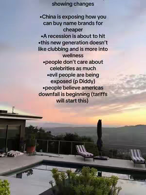 An outdoor scene with a building and a pool in the foreground, and a sunset in the background. The sky is filled with shades of pink, orange, and yellow. Text is overlaid on the image in a list format.