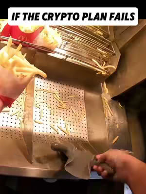 The cover image shows a worker's hands pouring freshly fried french fries from a metal basket into a deep fryer. The fries are golden and the fryer is metallic and industrial. The overlay text at the top reads 'IF THE CRYPTO PLAN FAILS'.