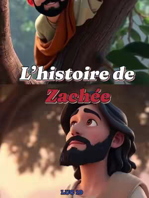 The image is a composite, split horizontally. The upper portion shows an illustrated character, likely Zachée from the story, in mid-climb up a tree. The lower portion similarly features a character with a concerned upward gaze. Overlay text at the top uses a white font outlined in black that reads 'L'histoire de', with the word 'Zachée' in large red letters below this.. The overall style leans towards a cartoon or animated aesthetic, with a focus on expressing narrative themes.