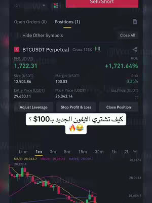 The image shows a screenshot from a crypto trading platform, potentially Binance, displaying real-time trading data of Bitcoin (BTC) with USDT. Text overlays indicate potential profit and other trading metrics. A hook is added at the bottom, with a humorous question about buying a new iPhone with $100. Overall, the image focuses on trading in a mobile app environment, with clear labels indicating trading activity and market data.