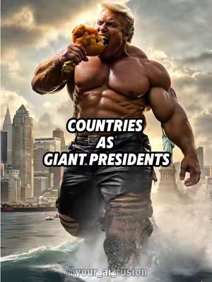 A muscular giant, resembling a blonde-haired man with a stern expression, is depicted from the chest up. The man is holding and eating a large piece of fried food, likely chicken. He's positioned against what appears to be a digitally altered background featuring a city skyline on one side and a body of water with the Statue of Liberty on the other. Overlaid text in a bold, white font within a black rectangle reads 'COUNTRIES AS GIANT PRESIDENTS'.