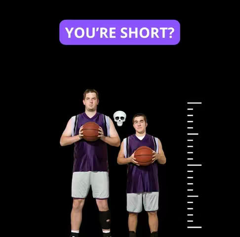 The image presents a stark contrast with a black background. Two men, one taller than the other, stand holding basketballs. To the left is a tall man in a purple and white basketball jersey, while a shorter man stands to his right. Between them is a white skull graphic. Above them is a purple rectangle with white text, reading "YOU'RE SHORT?" To the right of the shorter man is a white height measurement scale. The image aims to visually depict height differences with the use of contrasting elements.