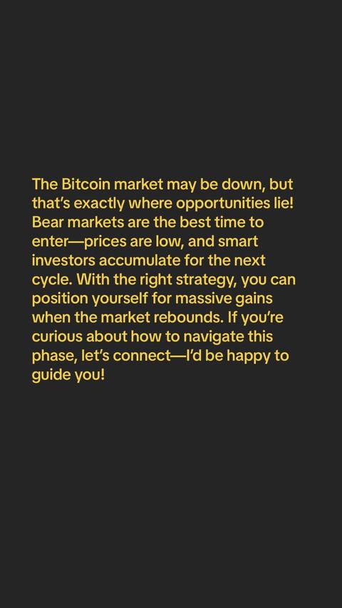 A vertical image with a solid dark background. Centered on the image is a block of text that is a light yellow color. The text is a call to action to invest in Bitcoin during a bear market.