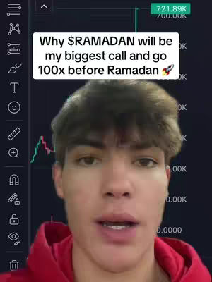 The cover image features a young man, likely the content creator, in a close-up shot. His hair is styled short and tousled, and he has a neutral expression. He's wearing a red hoodie. Overlayed on the image is a text box with white text that reads, "Why $RAMADAN will be my biggest call and go 100x before Ramadan," with a rocket ship emoji at the end. Background elements include a blurred financial chart, suggesting the video's topic relates to cryptocurrency.