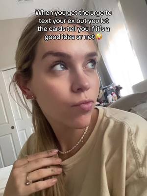 A selfie-style shot of a woman with blonde hair, looking slightly upwards and to her left with a thoughtful expression. The text overlay is in the top of the frame. She is wearing a beige shirt and has a delicate necklace.