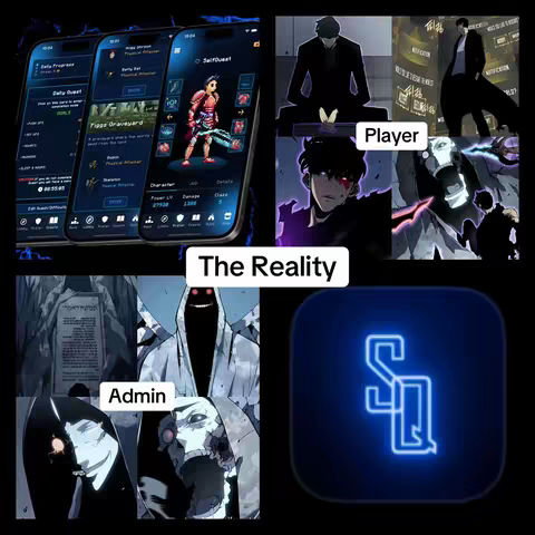 The image is a collage with multiple visual elements. On the left, there are three phone screens displaying an app interface with game-like elements. In the top right, there's an illustration of a character in a dark setting and text labeled 'Player'. Below is an image marked 'The Reality'. In the bottom left, a panel labeled 'Admin' with related visuals, and in the bottom right, there is an app icon with the letters 'SQ' in a neon-blue design. The overall color palette includes blues, blacks, and whites.