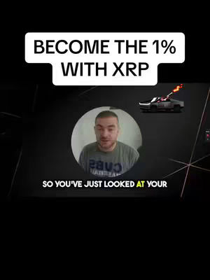 The cover image is a vertical graphic with a black background and a partially obscured scene. The top portion features a white banner with bold, sans-serif white text that reads, BECOME THE 1% WITH XRP. Underneath the banner, a circle frames a head-and-shoulders shot of a man facing the camera, wearing a t-shirt. To the right a car is shown spewing flames. Beneath the photo, text reading, SO YOU'VE JUST LOOKED AT YOUR, is partially visible. The overall composition gives off a professional, yet exciting vibe.