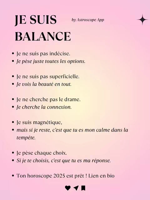 A pink-gradient background with black text featuring the phrase 'JE SUIS BALANCE' and a list of bullet points describing the Libra sign. There's a small text 'by Astroscope App' and a star on the top right of the image.