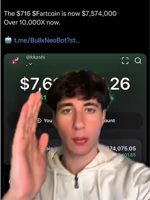 A young man in a white hoodie with his hand raised, in front of a phone screen showing cryptocurrency data, overlaid with text describing a financial gain.