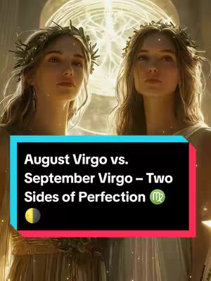 The cover image features two women with similar appearances, both with long hair and floral crowns, set against a glowing, ethereal background. Centered at the bottom is a black rectangle with white text, which functions as video overlay and contains, 'August Virgo vs. September Virgo – Two Sides of Perfection', along with a Virgo symbol and a small moon icon.