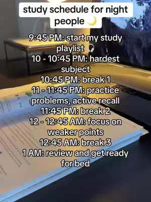 The cover image shows a detailed study schedule formatted as a list. It's set against the backdrop of a dimly lit room with books, a laptop visible partially, and a minimalistic desk. Text overlays detail a nighttime study plan with specific timings for different activities like playlist listening, hardest subject study, breaks, and active recall sessions, and review periods. The color tones are muted with warm lighting, creating a focused and calm atmosphere.