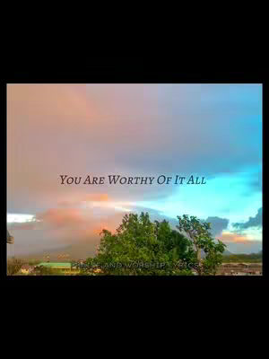 A scenic view of a colorful sky with shades of blue, orange, and purple, transitioning into a sunset. Below the sky are green trees and hints of a town. Text overlays the image, with a statement in a decorative font.