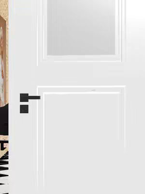 Close-up shot of a white door with a rectangular glass panel, a black door handle, and a glimpse of a patterned surface on the left side. The door is white. A black and white pattern is on the left side. The top panel of the door has a rectangular glass panel.