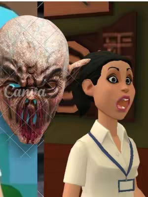 A 3D animated scene featuring a terrifying monster with a grotesque face and a surprised looking woman with black hair and a white top with a blue lanyard. The monster is on the left and the woman is on the right side of the image with an open mouth and startled expression.
