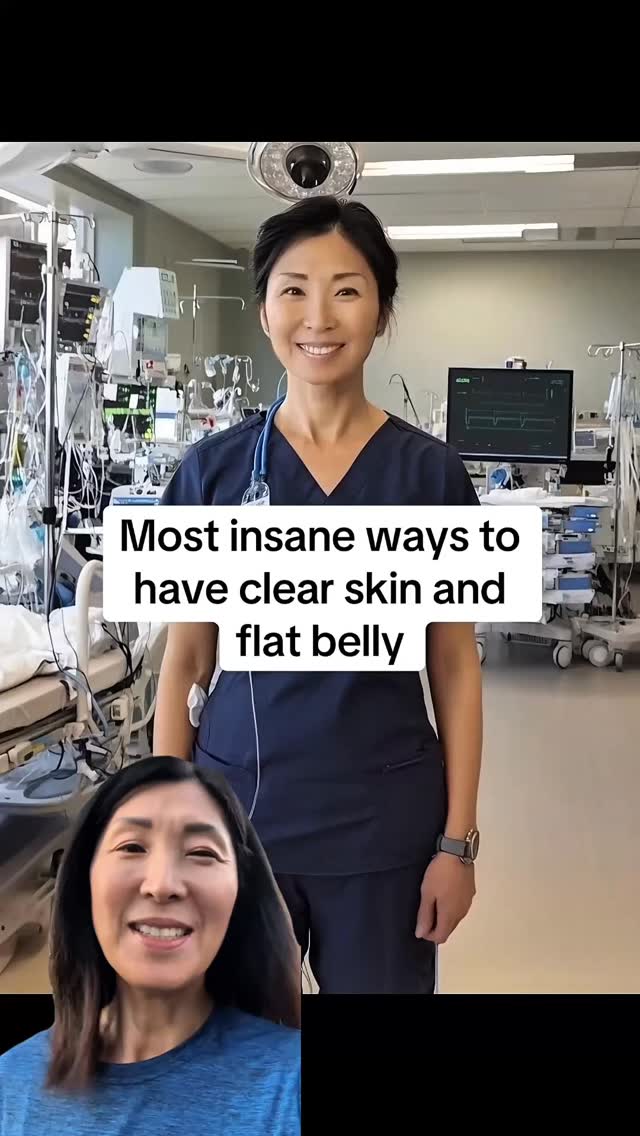 The cover image features a medium shot of an Asian woman wearing a dark blue scrubs and a small inset of her face in a blue shirt. The woman is smiling in a hospital setting. The text overlay reads, "Most insane ways to have clear skin and flat belly".