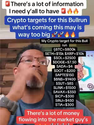 A man in glasses is looking toward the viewer talking with text overlayed on different parts of the screens with crypto targets. There are also red and yellow flames in the background.